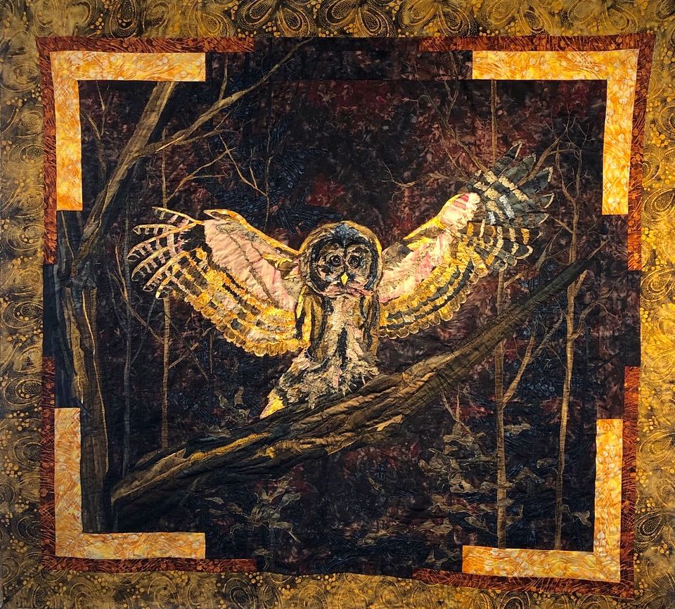 Barred Owl in Moonlight, Art Quilt by Deb Black of Dark Star Fabrics