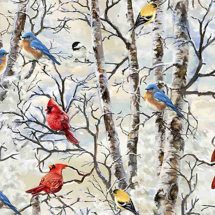 Winter Birds on Birches, Fabric from Dark Star Fabrics